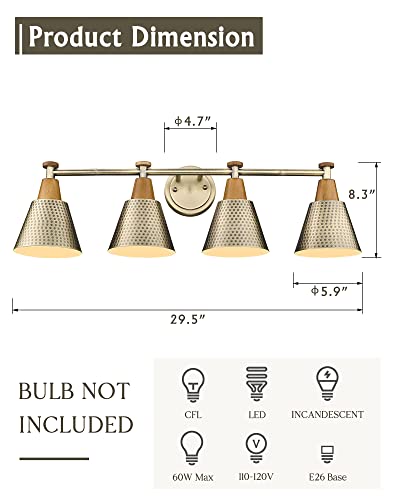 Image of FEMILA Vanity Lights, 4-Lights Bathroom Light Fixtures Over Mirror, Antique Brass Wall Sconces Lamp with Hammered Metal Shade Finish, 4FG59B-4W BG