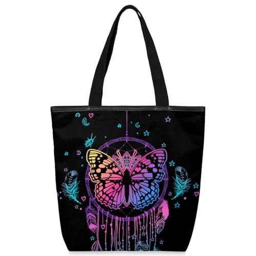 Mularoka Colorful Butterfly Dreamcatcher Canvas Tote Bag with Zipper and Pockets Canvas Tote Shopping Bag Women Reusable Grocery Bag for Beach Travel Gym Shopping