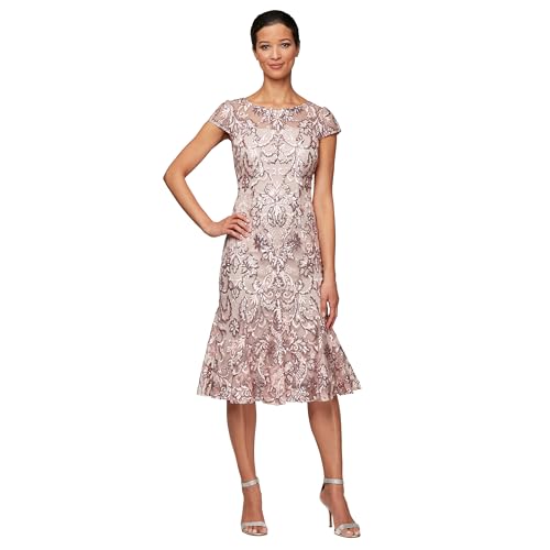 Alex Evenings Women's Tea Length Embroidered Cocktail Godets, Wedding Guest, Party Dress (Petite and Regular Sizes)