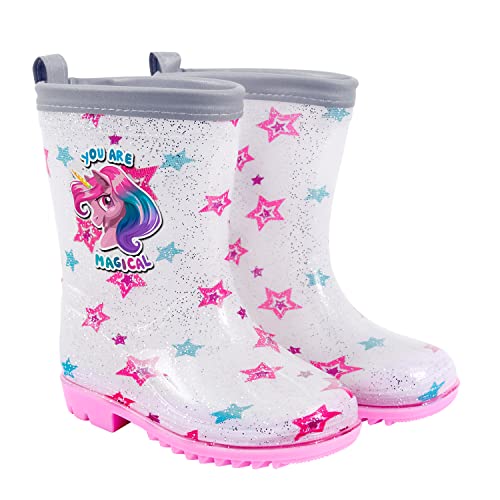 PERLETTI Botines de Agua Impermeables Color Plateado con Unicornio Purpurina - Botas Lluvia Niñas PVC con Suela Antideslizante Rosa - Zapatos Niña Goma con Detalles Reflectantes (Plateado, 28/29 EU)