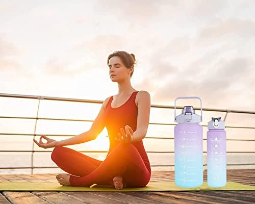 2 Pack Water Bottles BPA Free 2L+650ml, Sport Water Bottle with Time Marking & Straw,Gym Drinks Bottle, Large Motivational Water Jug for Adults,Time Marker Canteen Bottle(A5 Gradient Purple)