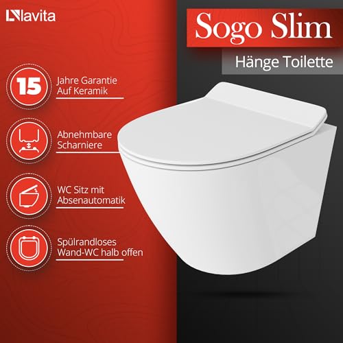 Lavita Voorwandelement Solido + wandhangtoilet Sogo Slim wit spoelrandloos + wc-bril met softclosemechanisme, verchroomde knop, complete set, inbouwspoelbak, toilet, complete set toilet - Afbeelding 5
