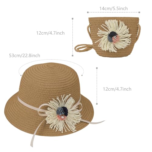 2pcs Kids Girls Summer Straw Sun Hat with Shoulder Bag Set - Lace Brim Bow Beach Cap Cute Flowers Straw Hat with Purse3