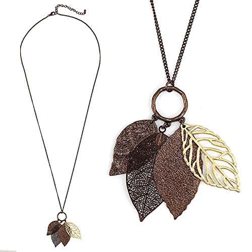 POMINA Gold Silver Two Tone Filigree Fall Leaf Pendant Long Necklace Chic Sweater Chain Statement Necklace for Women - Image 6