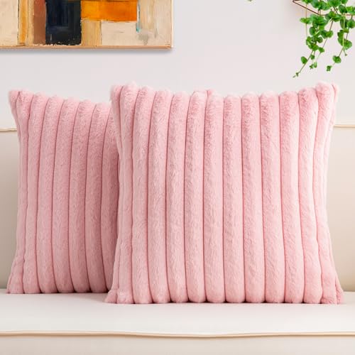 Aegero Pack of 2 Faux Fur Christmas Throw Pillow Covers 18x18 Inch Soft Plush Striped Neutral Couch Pillow Cover with Velvet Back Modern Home Decor for Sofa Living Room Couch Bed Pink