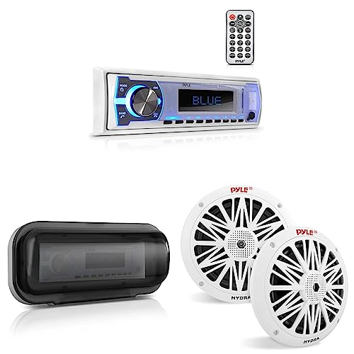 Image of Pyle Marine Bluetooth Stereo Radio - 12v Single DIN Style Boat in Dash Radio Receiver System & Water Resistant Marine Stereo Cover,White & 6.5 Inch Dual Marine Speakers - (White)