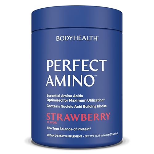 BodyHealth PerfectAmino Powder - BCAA and EAA Powder for Pre and Post Workout - Amino Acid Energy Drink for Men and Women to Support Lean Muscle and Recovery - Strawberry - 120 Servings - Best Amino Acids for plants