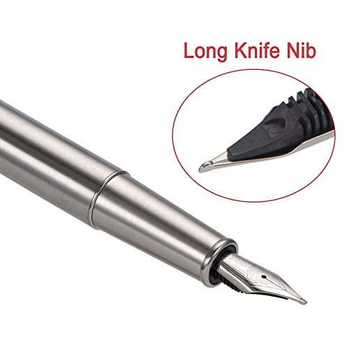 Image of Hongdian 1861 Stainless Steel Fountain Pen Long Blade Nib, Classic Design Smooth Writing Pen with Converter and Metal Pen Case Set