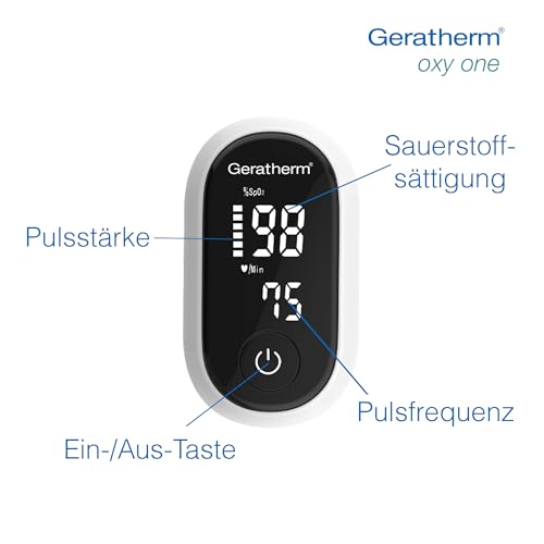 GERATHERM oxy one Finger Pulsoximeter - zur schnellen Bestimmung von Sauerstoffsättigung & Puls/ kompakter Pulsmesser für Hausapotheke und Freizeitsport
