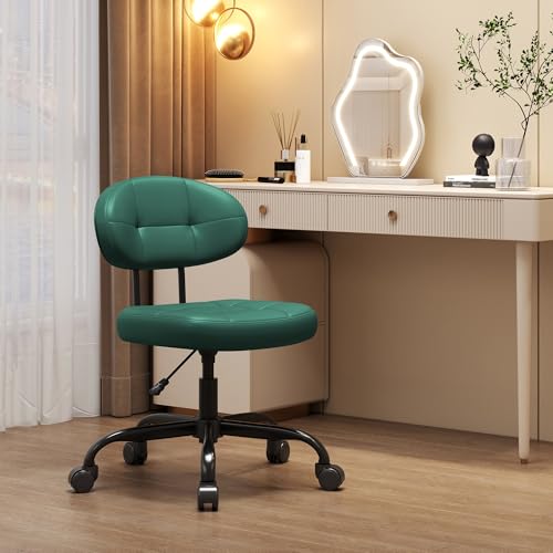 Image of Misolant Vanity Chair with back, Small Armless Cute office Chair with wheels and Lumbar support, Comfy PU Leather Desk Computer Chairs with Adjustable Height, 360Swivel for Home Bedroom Office, Green