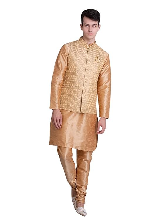 Image of Uri and MacKenzie Men's Silk Blend Kurta Churidar Pyjama with Stylish Nehru Jacket