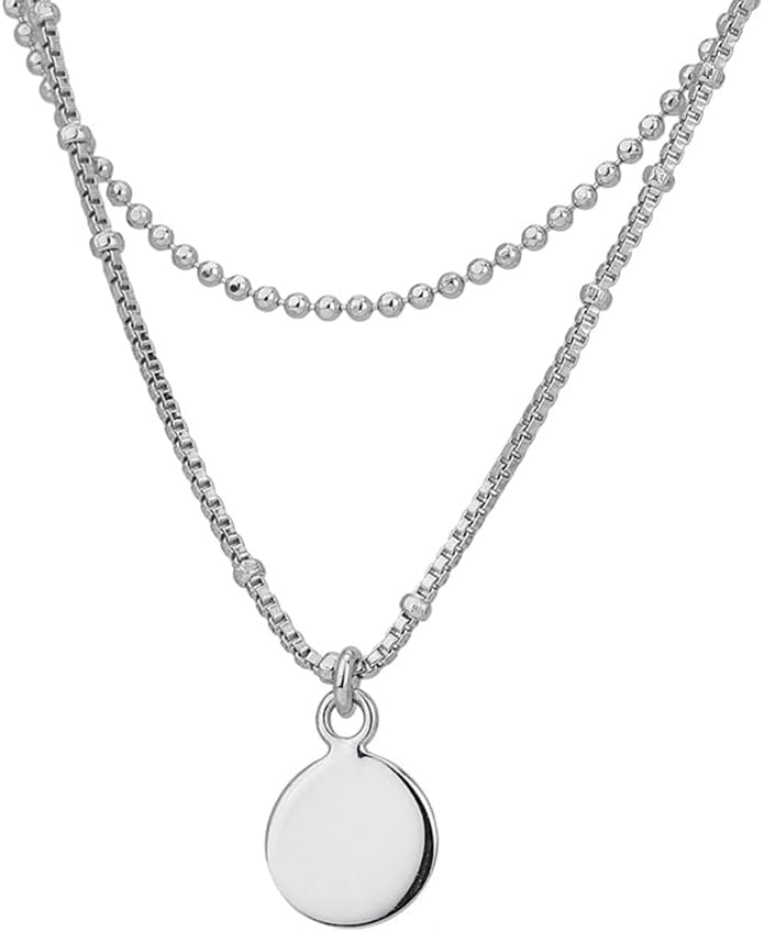 Vanbelle Sterling Silver - Rhodium Plated with 925 Stamp - Double Layered Disc Charm Choker Necklace - Elegant Handcrafted for Women - 14" Long + 2" Extender