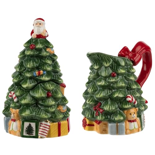 Spode Christmas Tree Sugar & Creamer Set - Figural Tree 7.4oz Creamer Jug & 5.3oz Lidded Sugar Jar - Festive Dolomite Holiday Tea and Coffee Set, Dishwasher Safe Ceramic Tableware Gift