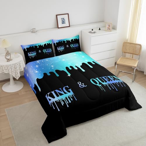 Image of Feelyou Mr Mrs Comforter Queen Size Blue King Queen for Man Woman, Comforter Set Valentine Day Bedding Set Presents Duvet Set Women Couple Bed Set 3Pcs