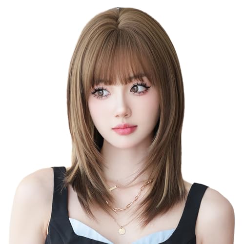 ウィッグ セミロング フルウィッグ ストレート ミディアム かつら 女性自然 レディース wig ウィッグ 女装 小顔 可愛い 耐熱 ネット付き (ライトブラウン＋ベージュ)のサムネイル