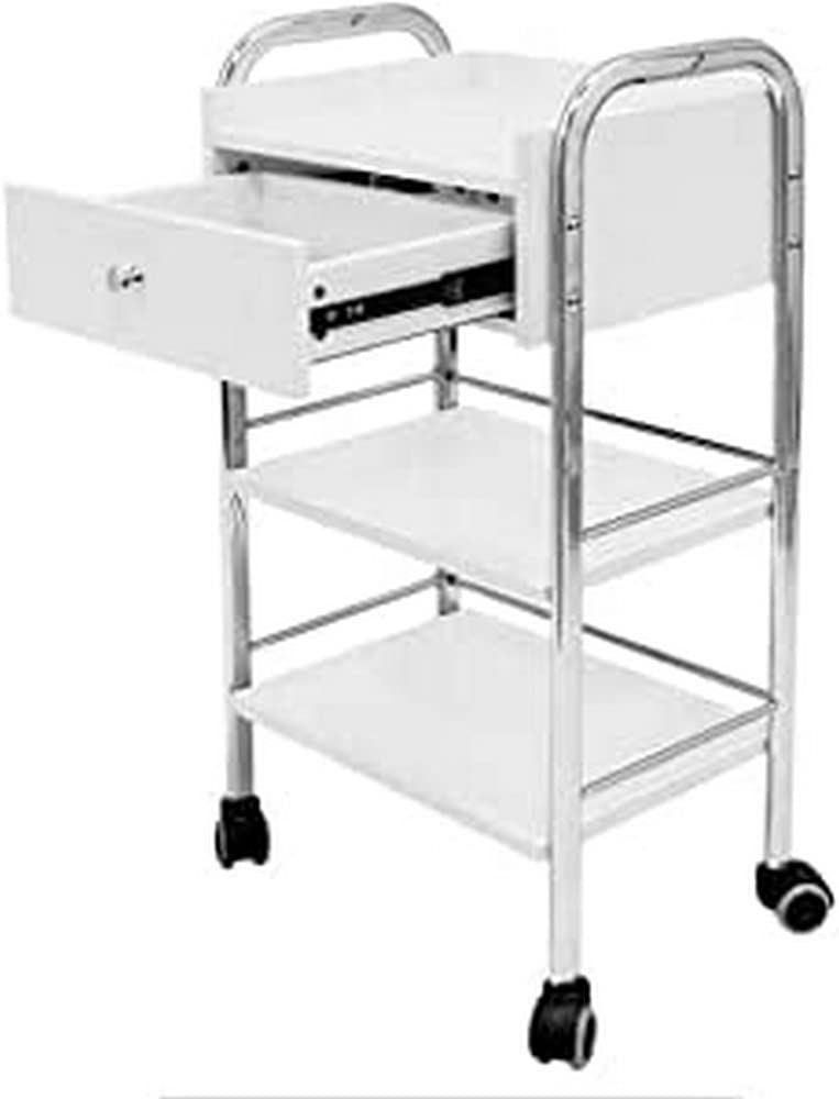 QUIRUMED Carrello con Cassetto e Due Ripiani in Legno, con Ruote, Struttura in Acciaio, Design Compatto, Leggero, Mobili Ausiliari, per Parrucchieri, Colore Bianco