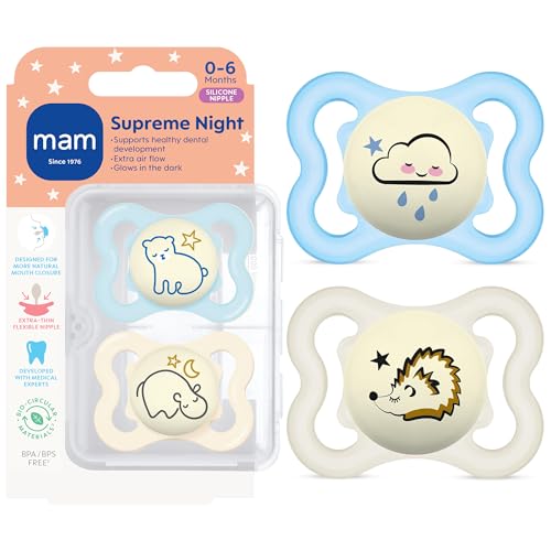 Image of MAM Supreme Baby Pacifier, Newborns 0-6 Months, Developed with Orthodontists, Extra Air Flow for Sensitive Skin, Glows in The Dark, BPA-Free Silicone, Sterilizer Case, Pack of 2, Made in Europe