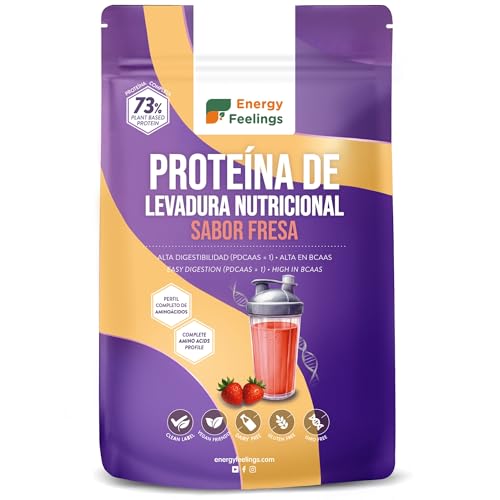 Energy Feelings Proteína de Levadura Nutricional en Polvo Sabor Fresa 500g, Proteína Vegana Sin Lactosa y Sin Gluten para Masa Muscular con Todos los Aminoácidos Esenciales, Vegan Protein Powder 73%