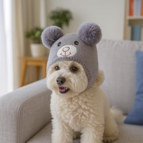 KIRZAX Hundemütze Winter Strick, Flauschig Warme mit Pompom, Winddicht Haustierkopfdecke, für Kleine/Mittlere Hunde/Katzen, Geschenk für Wandern/Camping