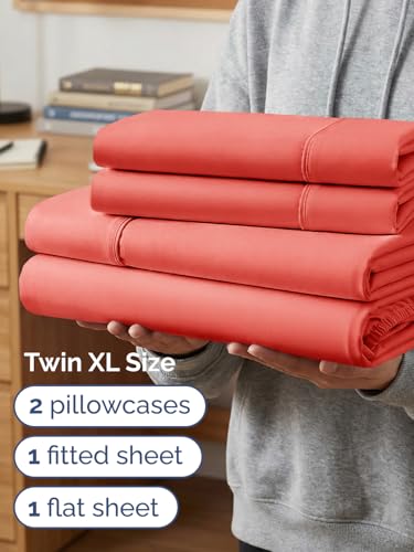 Image of Extra Deep Twin XL Sheet Set - 4 Piece Breathable & Cooling Sheets - Coral | Hotel Luxury Bed Sheets Set, Easy & Secure Fit, Ultra-Soft, Wrinkle & Fade Free, Comfy Sheets Set with Extra Deep Pockets