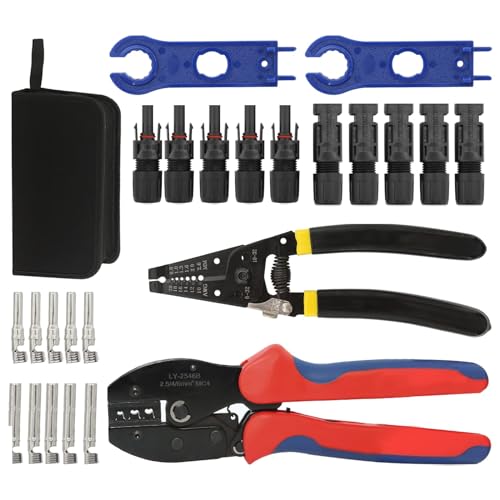 Solar Crimping Tool Kit, Solar Panel PV Cable with Wire Stripper and Cutter, 5 Pairs MC4 Connector, 1 Pair Solar Connector Assembly Tool Spanner for 2.5/4.0/6.0 mm² PV Cables