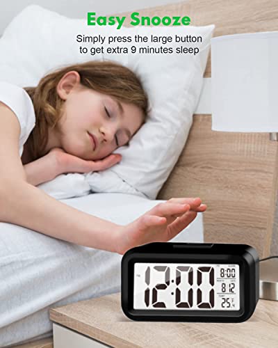 Image of Upgraded Digital Alarm Clock, 4.3 inch LED Display with Temperature Larger Lound Light Control Portable Snooze Calendar Brightness with Battery Powered Alarm Clocks Bedside for Everyone (Black)