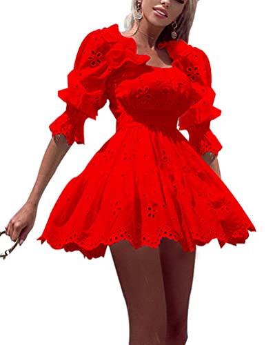 Onsoyours Robe Femme Sexy en Dentelle Manches Longues Transparentes Mini-Robe Slim Blanche Femme Robe Courte Soirée Cocktail B Rouge S