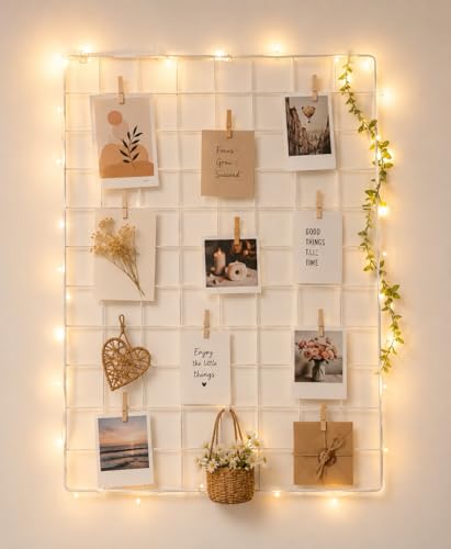 Image of Steel Photo Collage Wire Grid Frame | Photo frame grid DIY Mesh Wire Frame (WHITE, WIRE GRID 26X17 WHITE)