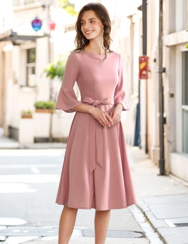 Image of HomRain Women's Church Dresses Modest Bell Sleeve Wedding Guest Cocktail Tea Party Vintage Evening Dress