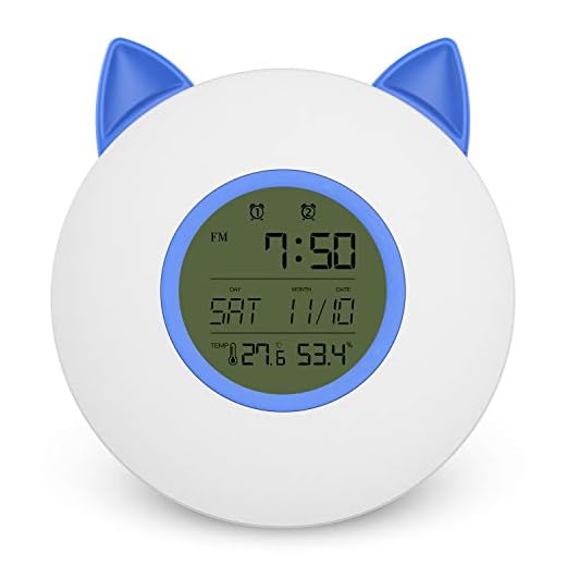 HIL Home intelligent blå LED-skärm väckarljus, temperatur och luftfuktighet realtidsvisning FM-frekvens färgglad sängbord nattlampa katt öron styling väckarklocka