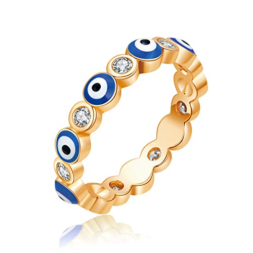 Esbbela Evil Eye Ring for Women 14K Yellow Gold Plated Evil Eye Eternity Band Cubic Zirconia Braided Engagement Promise Statement Ring Jewelry Blue Eye Size 9