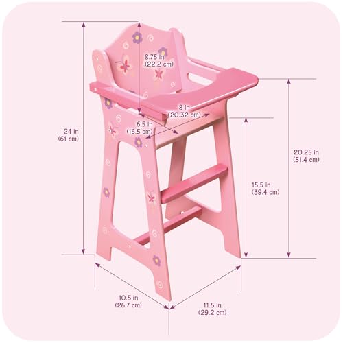 Badger Basket Blossoms and Butterflies Doll High Chair for 18 Inch Dolls – Adjustable Tray for Mealtime Play