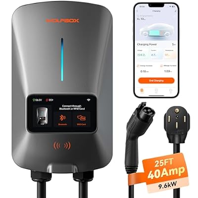 WOLFBOX Level 2 EV Charger 40amp - NEMA 14-50 EVSE with J1772 Connector - CSA Certified Wall Home EV Charger - 25FT Cable,Outdoor/Indoor,RFID Card,WiFi Enabled, 240V Electric Vehicle Charging Station
