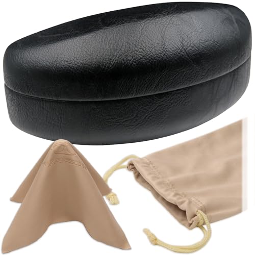 Image of Large Curved Sunglasses Case - Women Hard Shell Glasses Holder - XL Large Eyeglass Case with Pouch &Cloth