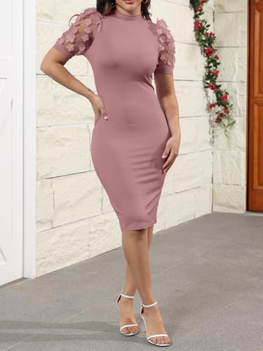 Image of Fastkoala Women's Elegant Ribbed Bodycon Dress Lace Short Sleeve Slim Fit Midi Dress Turtle Neck Night Club Party Dresses