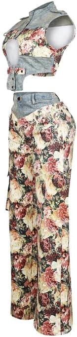 Molilove Women’s 2 Piece Outfits Sexy Floral Sleeveless Hollow Out Crop Top and Cargo Pants Set with Pockets Y2K Tracksuit - Image 5