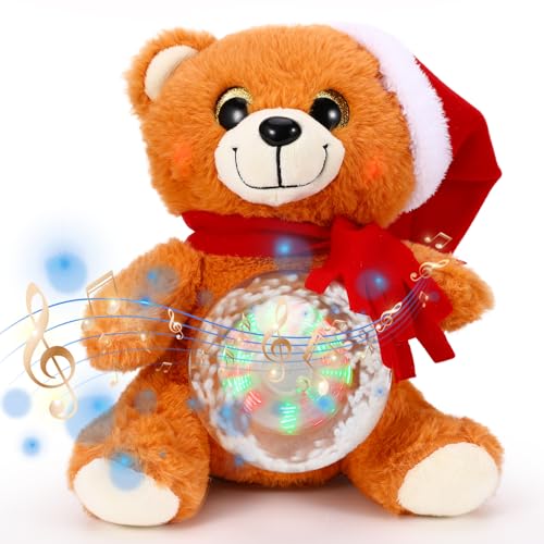 Aceshop Peluche de Navidad con Música y Luces, 14' Oso de Navidad Peluche con Bola de Nieve Muñeco de Peluche Canta Juguete De Peluche Eléctricos de Peluche Decorazioni Natalizie Regalos para Niño