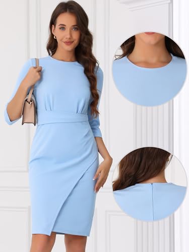 Allegra K Formal Dress for Women Crew Neck 3/4 Sleeve Elegant Bodycon Wrap Work Dresses2