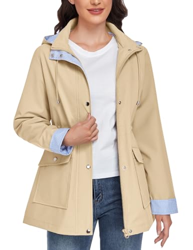 CMTOP Veste Femme mi Saison Manteau Imperméable Mi-Longue Parka Légère Coupe Vent avec Capuche Blouson Décontracté Printemps Automne Jacket Zippée...