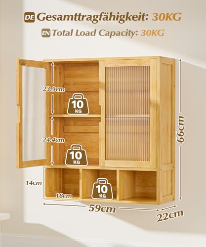 Miniatura 3 de Yorbay Armario De Baño Pared Con 2 Puerta Magnética Transparente Y Compartimento Abierto, Armario Botiquín De Bambú Para Baño, Armario De Colgar Que Ahorra Espacio, 22 X 59 X 66 Cm Color Bambú