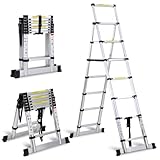 Escalera telescópica multifuncional de aluminio, escalera gemela portátil y escalera recta, 2 m + 2,3 m, marco A, 6 + 7 peldaños, escalera de aluminio, pies antideslizantes, ideal para bricolaje y