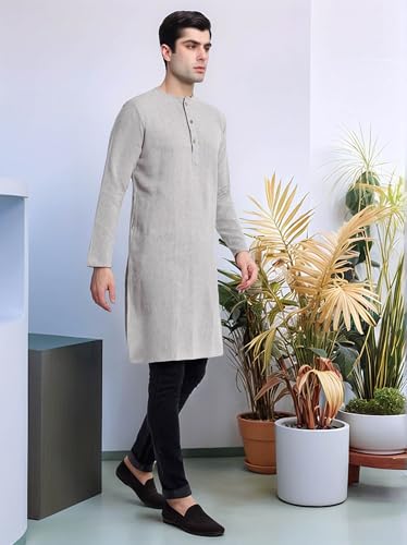 SKAVIJ Men's Handloom Cotton Solid Round Neck Henley Long Sleeves Knee Length Casual Shirt4