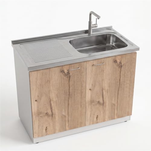 Image of Tuhome Napoles Utility Sink Base Cabinet with Integrated Stainless Steel Countertop, Freestanding Cabinet with Double Doors, Interior Shelf for Laundry Room, Utility Room, Mudroom or Kitchen