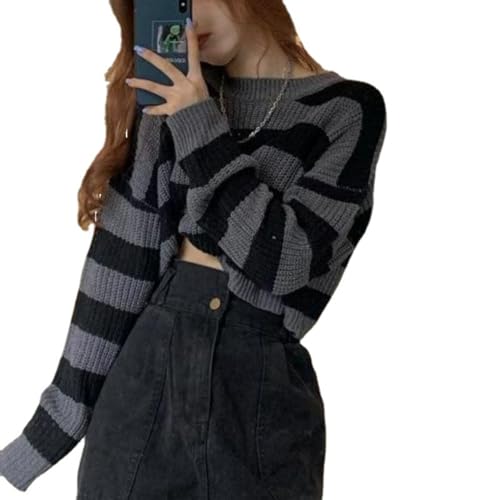 Women Striped Cropped Vintage Oversize Knit Sweater Jumper Female Long Sleeve O-Neck Pullovers Tops Sweaters