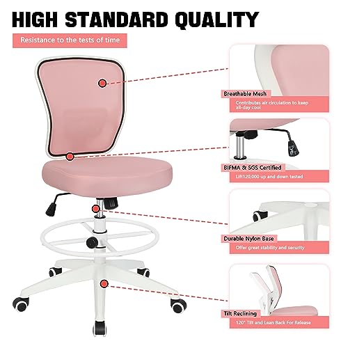 Image of Drafting Chair Adjustable Height Tall Office Chairs Standing Desk Chair Rolling Stool Chair Armless Office Drafting Chair Pink