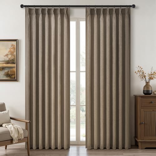 Thick Linen Pinch Pleated Sheer Curtains 84 Inches Long 2 Panels Set for Living Room Bedroom,Dark Flax Drapes with Memory Trained Pinch Pleat,Light Filtering Privacy Curtains for Sliding Gla
