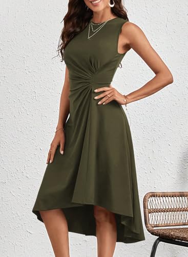 Image of Happy Sailed Women's Summer Dresses Sleeveless Ruched Waist A Line High Low Midi Cocktail Dress(Waist Tight,Please Size Up)