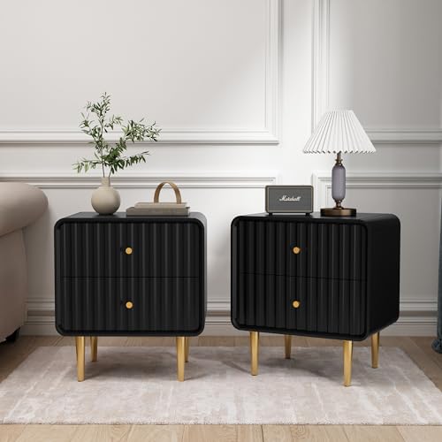 HLR Modern Nightstand Set of 2, Fluted Bed Side Table with 2 Drawers Storage, Wood End Table with Gold Metal Handle, Black Night Stands for Bedroom