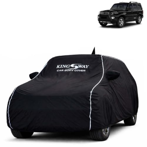 Image of KINGSWAY Super Waterproof Car Cover Only with Mahindra Scorpio (Year 2019 to 2022 - All Model) | Mirror and Antenna Pockets | All Weather Car Body Cover with Silver Piping | Black