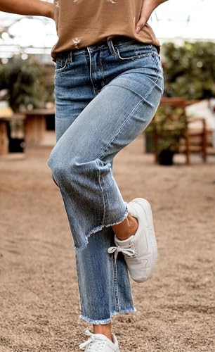 CHARTOU Women Lightweight Summer Denim Jeans Frayed Raw Cut Straight Leg Cropped Denim Pants2